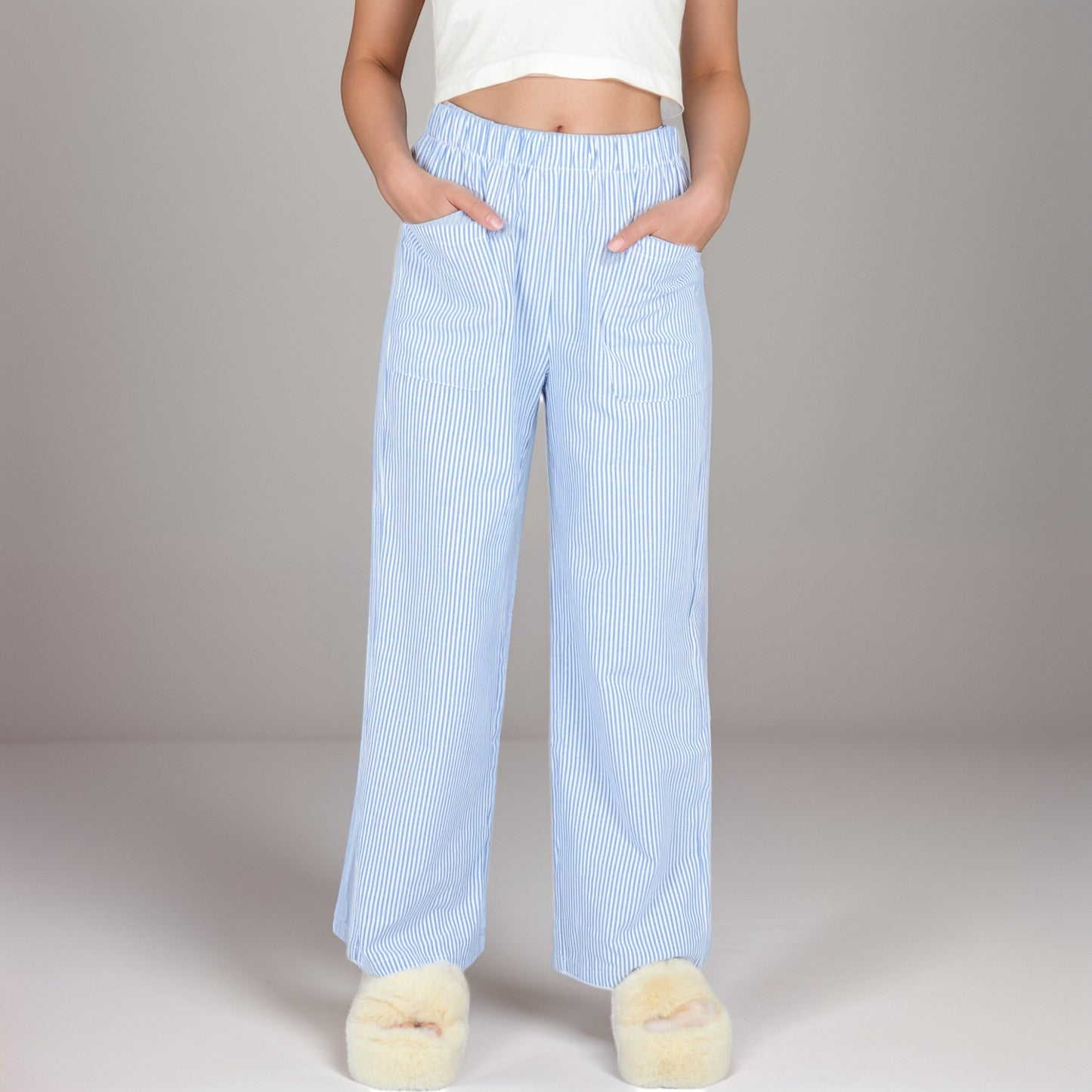 Pink Pinstripe Lounge Pants with Elastic Waistband Large Front Patch Pockets and Relaxed Straight Leg Fit