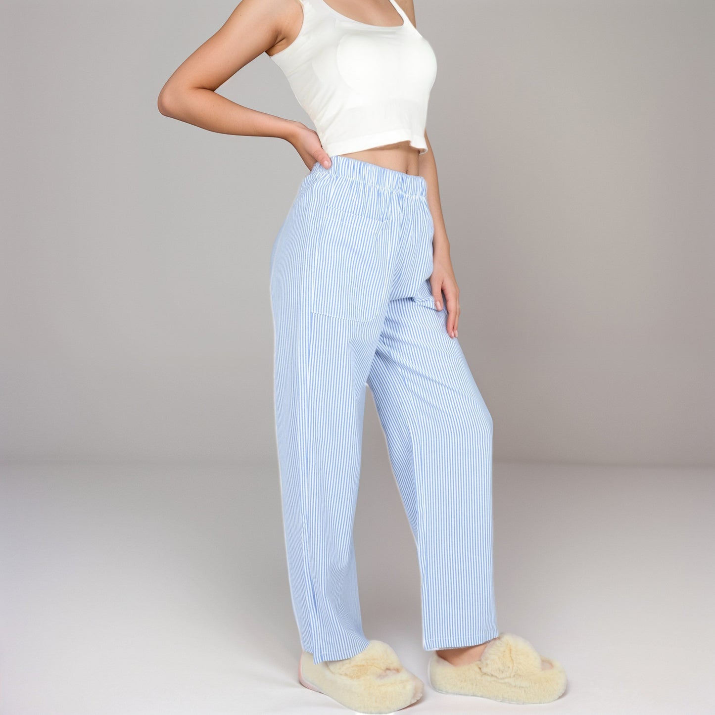 Pink Pinstripe Lounge Pants with Elastic Waistband Large Front Patch Pockets and Relaxed Straight Leg Fit