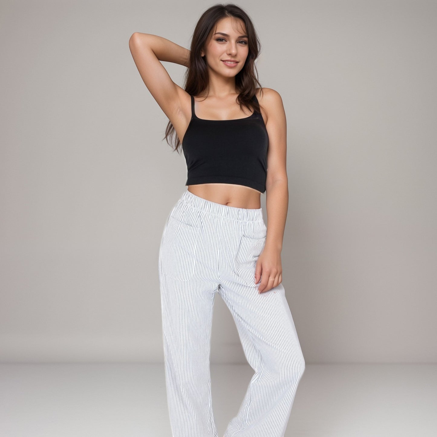 Pink Pinstripe Lounge Pants with Elastic Waistband Large Front Patch Pockets and Relaxed Straight Leg Fit