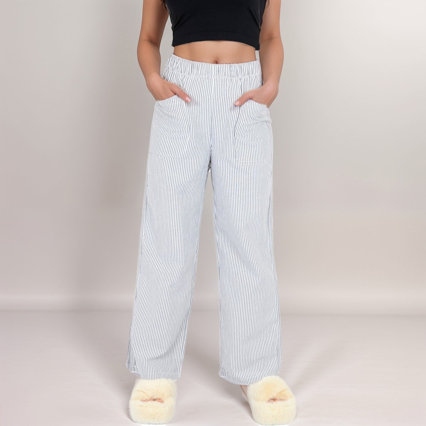 Pink Pinstripe Lounge Pants with Elastic Waistband Large Front Patch Pockets and Relaxed Straight Leg Fit