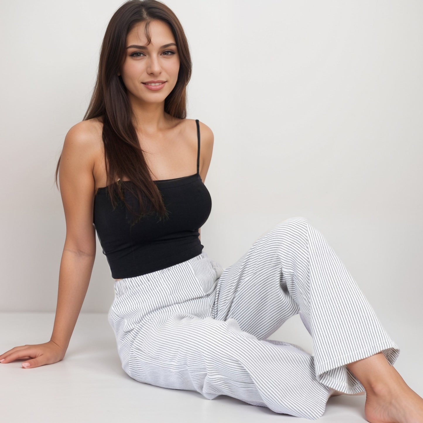 Pink Pinstripe Lounge Pants with Elastic Waistband Large Front Patch Pockets and Relaxed Straight Leg Fit