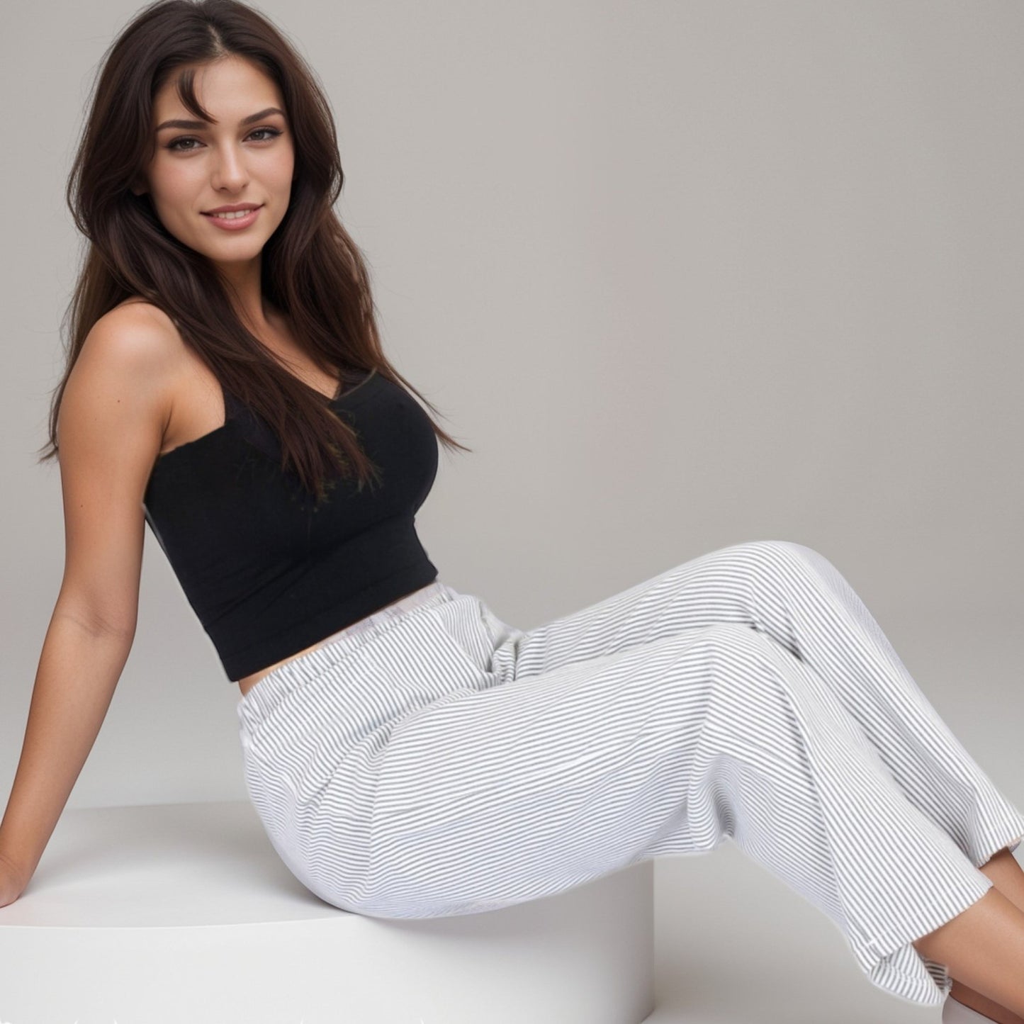 Pink Pinstripe Lounge Pants with Elastic Waistband Large Front Patch Pockets and Relaxed Straight Leg Fit