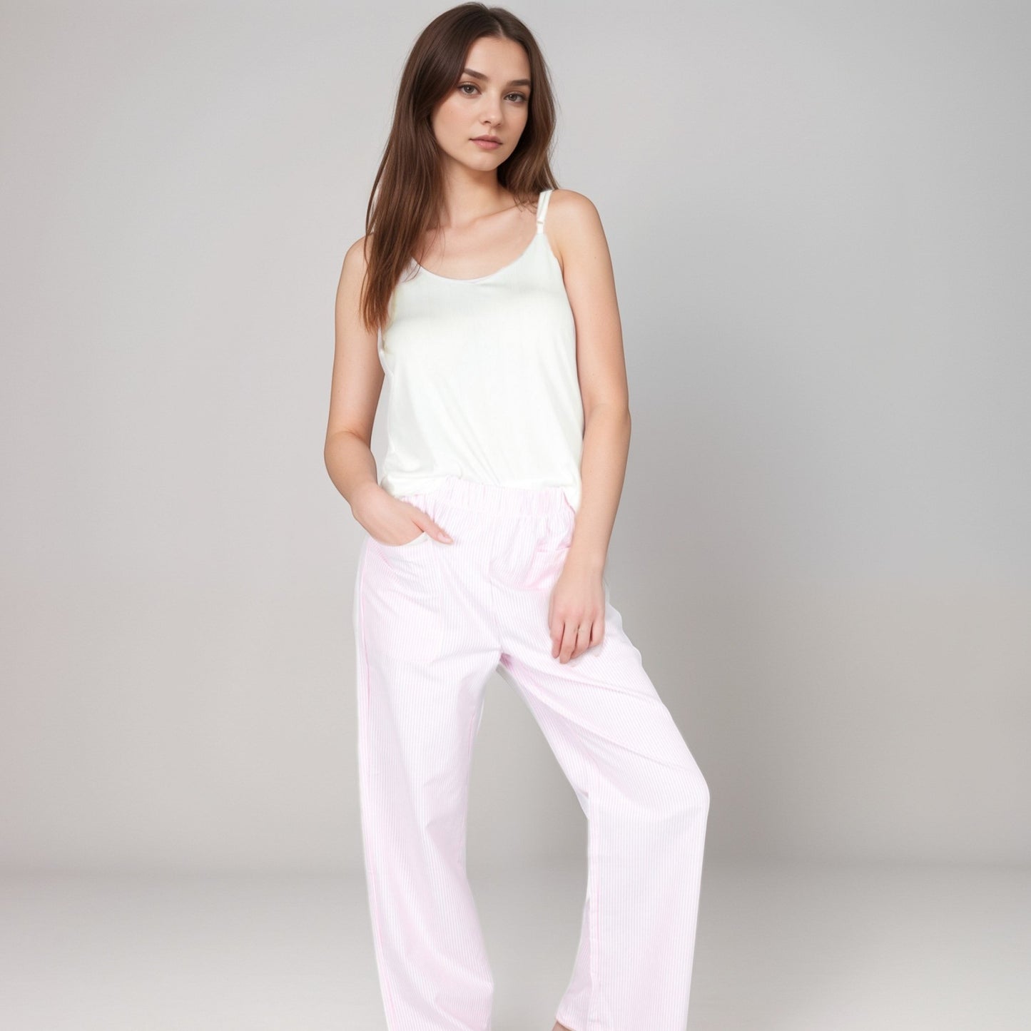 Pink Pinstripe Lounge Pants with Elastic Waistband Large Front Patch Pockets and Relaxed Straight Leg Fit