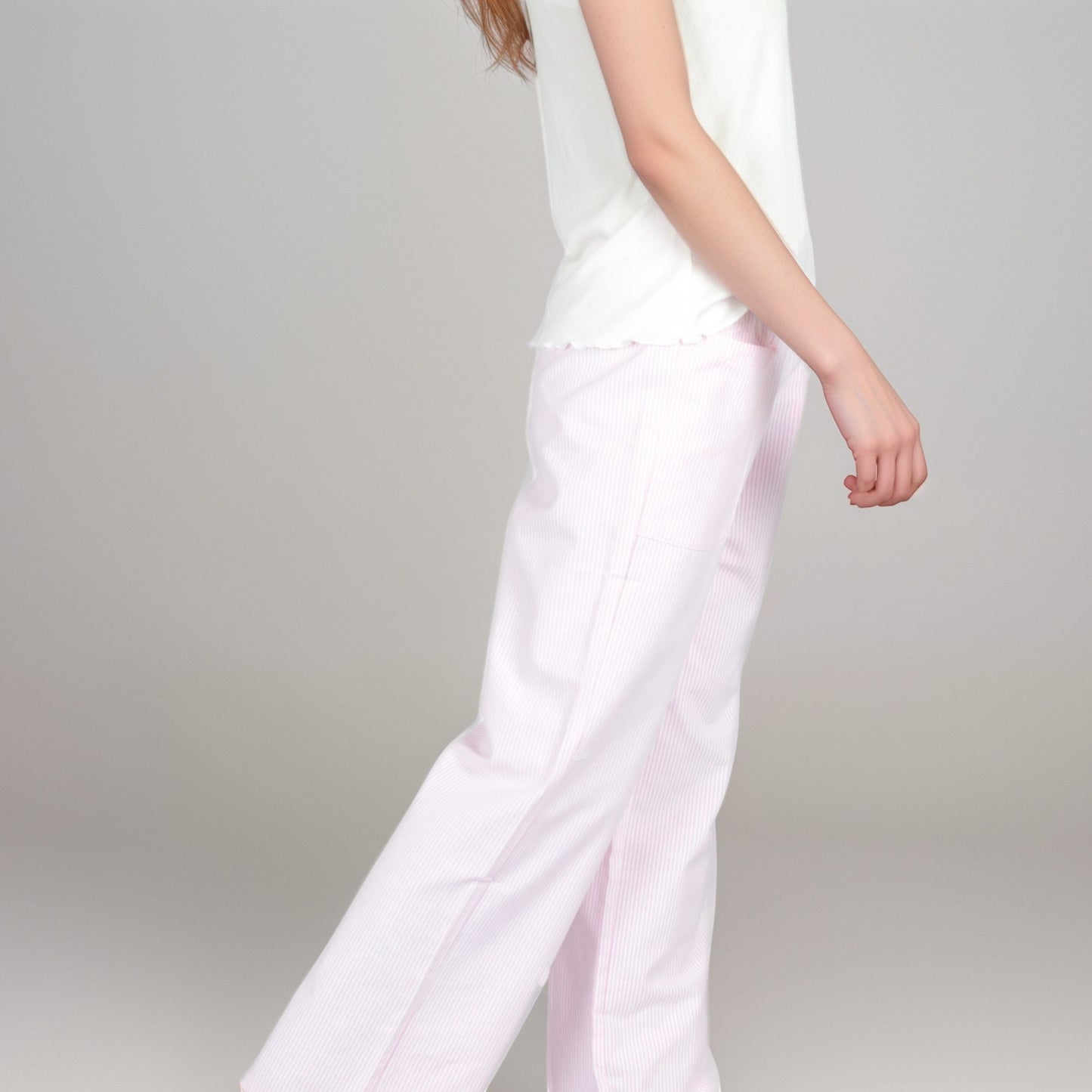 Pink Pinstripe Lounge Pants with Elastic Waistband Large Front Patch Pockets and Relaxed Straight Leg Fit