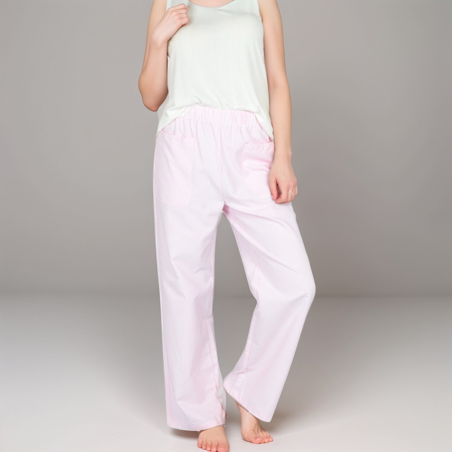 Pink Pinstripe Lounge Pants with Elastic Waistband Large Front Patch Pockets and Relaxed Straight Leg Fit