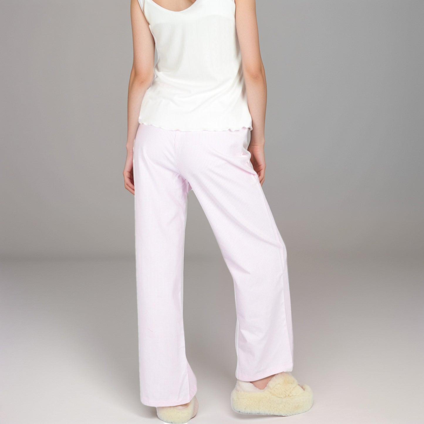 Pink Pinstripe Lounge Pants with Elastic Waistband Large Front Patch Pockets and Relaxed Straight Leg Fit