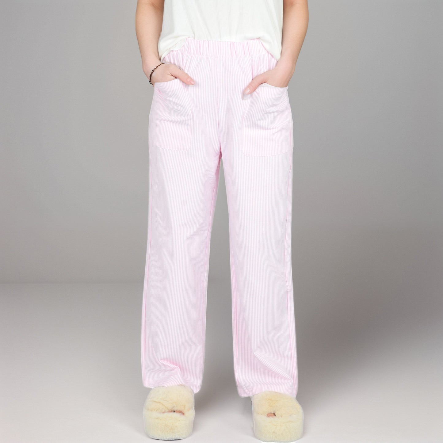 Pink Pinstripe Lounge Pants with Elastic Waistband Large Front Patch Pockets and Relaxed Straight Leg Fit