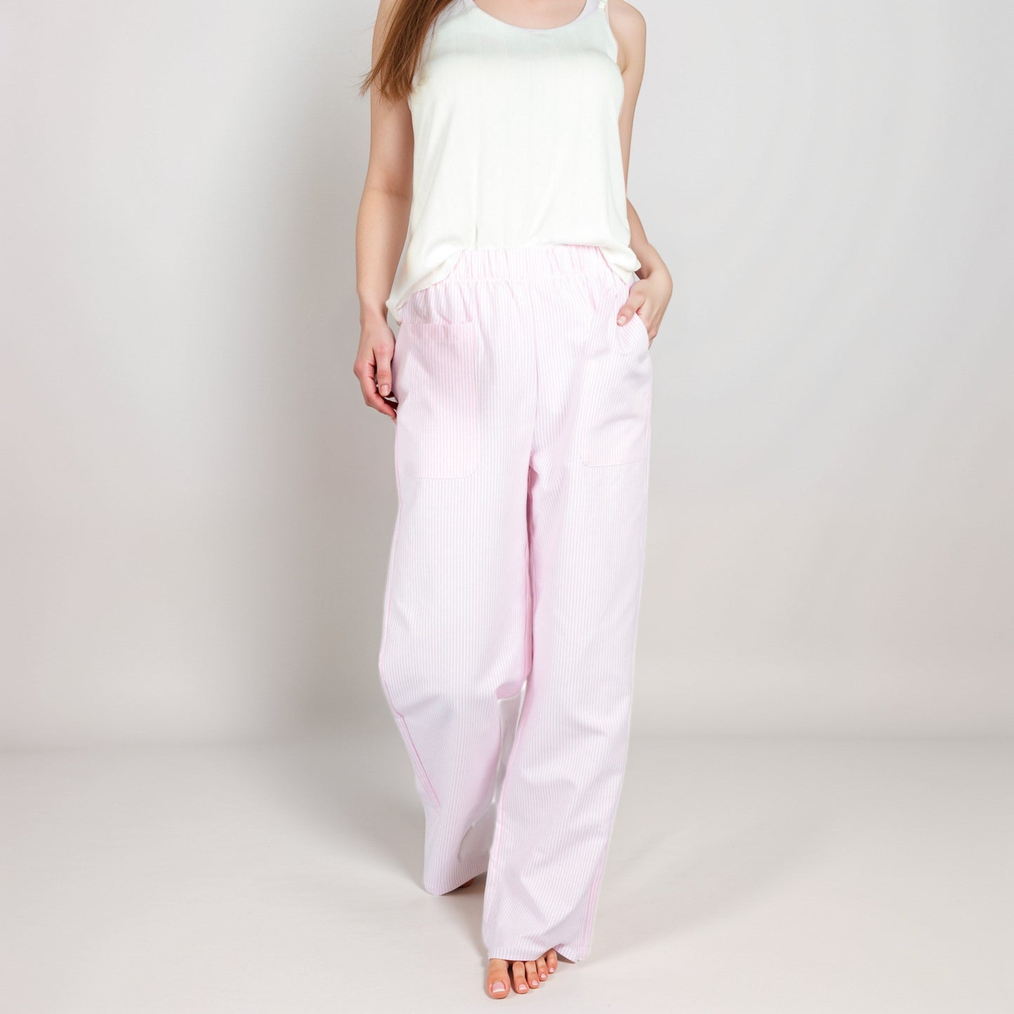 Pink Pinstripe Lounge Pants with Elastic Waistband Large Front Patch Pockets and Relaxed Straight Leg Fit
