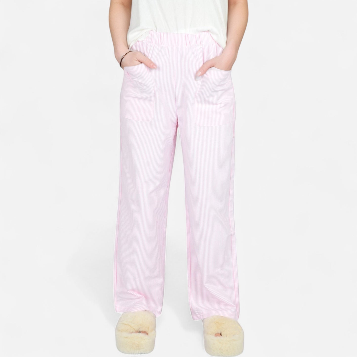 Pink Pinstripe Lounge Pants with Elastic Waistband Large Front Patch Pockets and Relaxed Straight Leg Fit