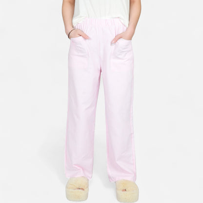 Pink Pinstripe Lounge Pants with Elastic Waistband Large Front Patch Pockets and Relaxed Straight Leg Fit