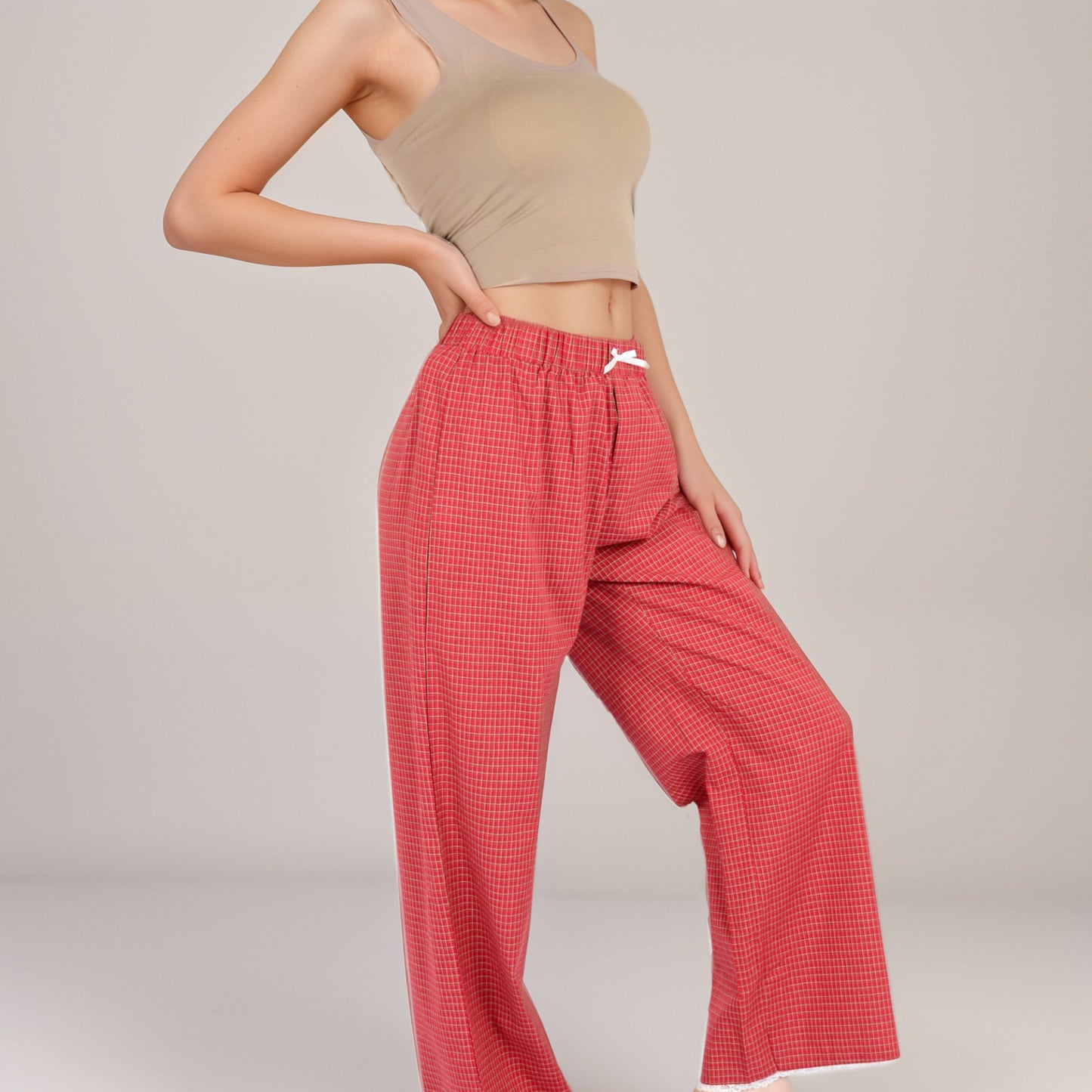 Red Checkered Lounge Pants with Elastic Waistband White Bow Tie Detail and Relaxed Full-Length Wide Leg Fit