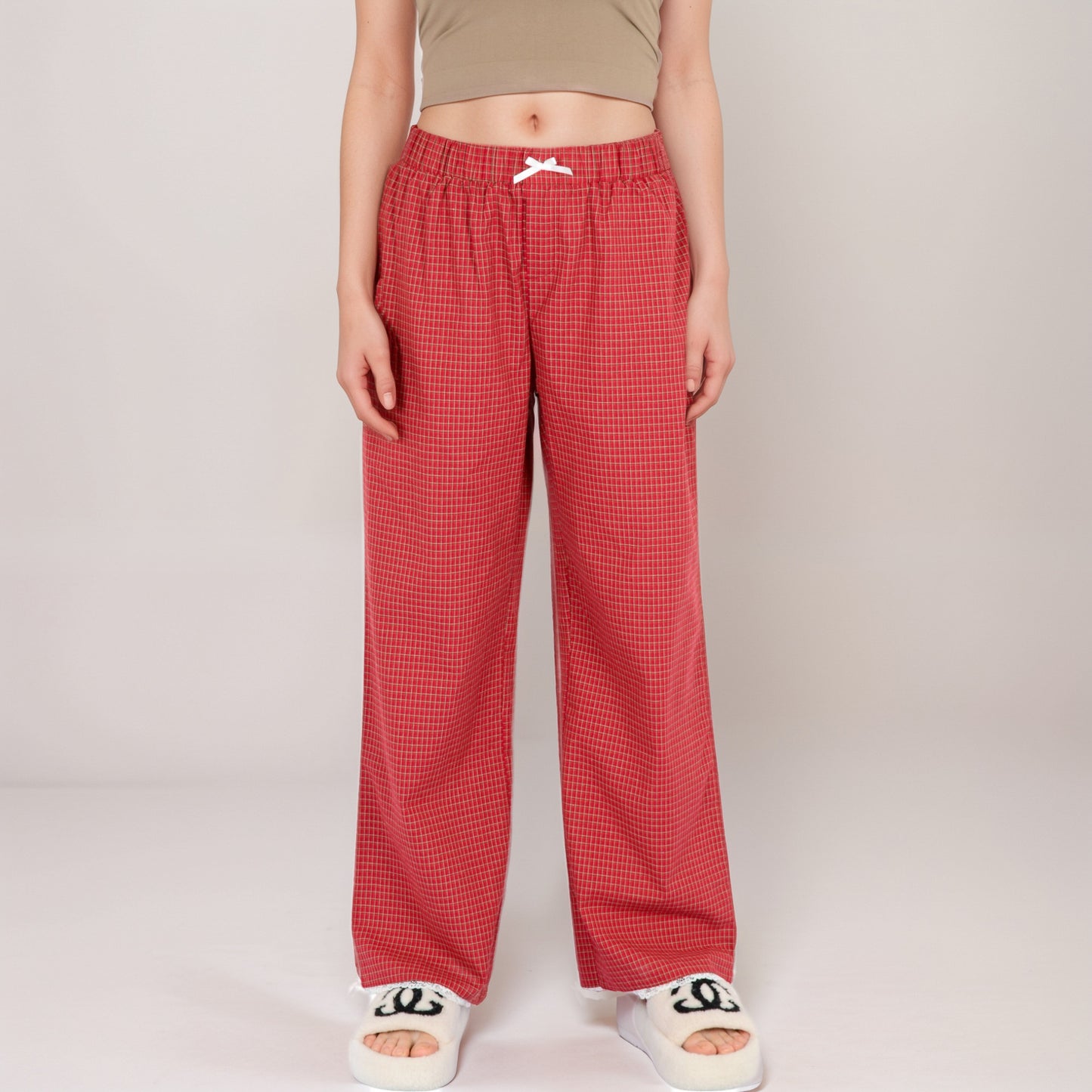Red Checkered Lounge Pants with Elastic Waistband White Bow Tie Detail and Relaxed Full-Length Wide Leg Fit