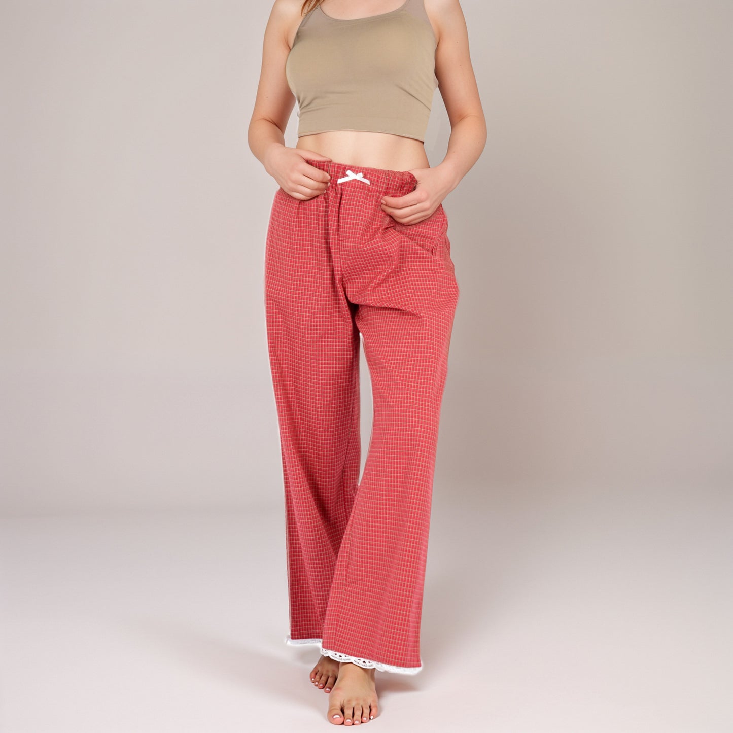 Red Checkered Lounge Pants with Elastic Waistband White Bow Tie Detail and Relaxed Full-Length Wide Leg Fit
