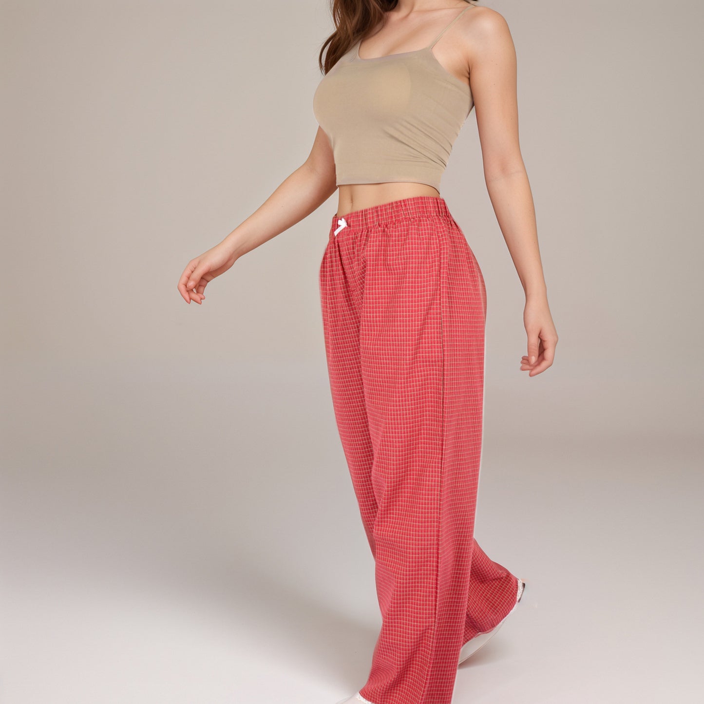 Red Checkered Lounge Pants with Elastic Waistband White Bow Tie Detail and Relaxed Full-Length Wide Leg Fit