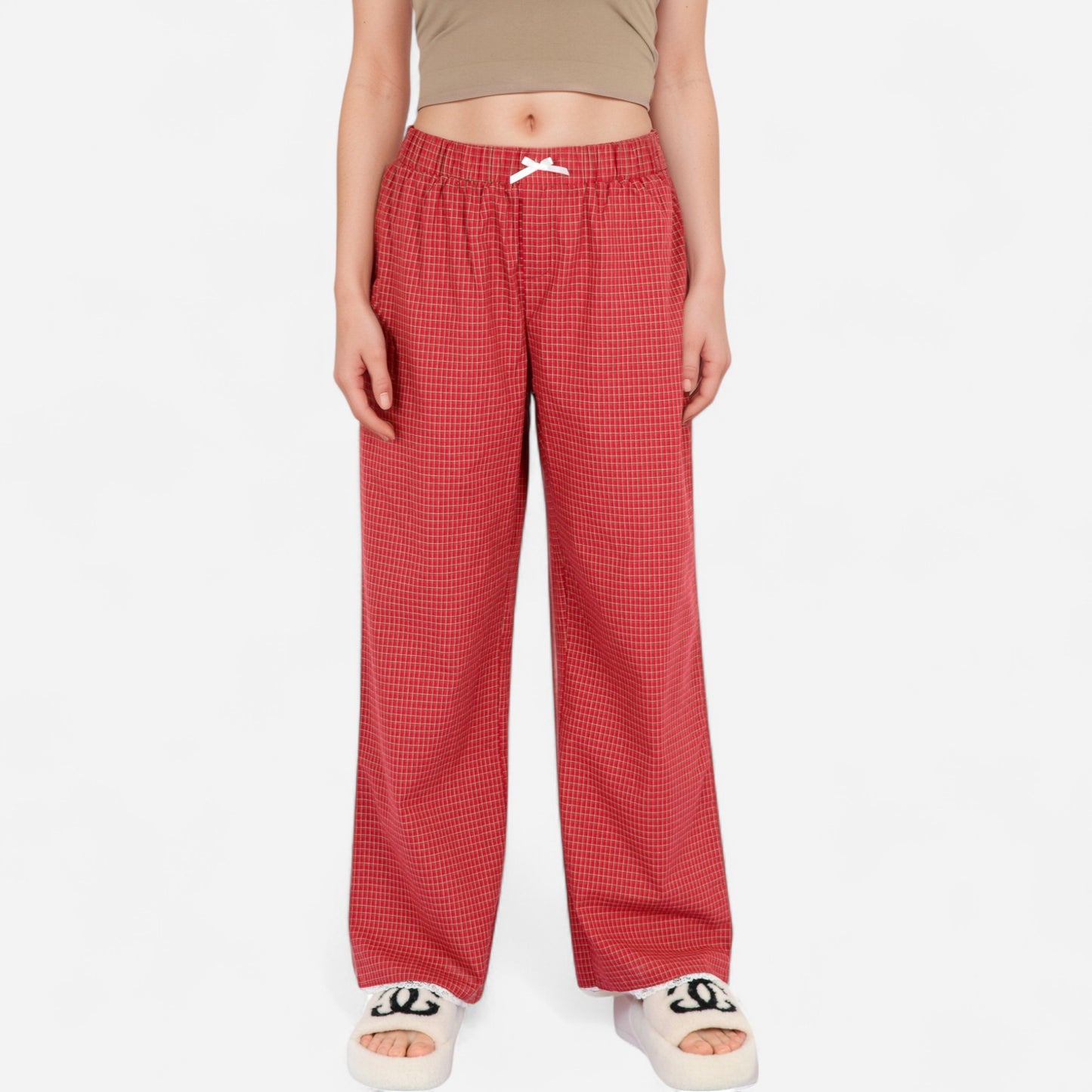 Red Checkered Lounge Pants with Elastic Waistband White Bow Tie Detail and Relaxed Full-Length Wide Leg Fit