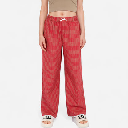 Red Checkered Lounge Pants with Elastic Waistband White Bow Tie Detail and Relaxed Full-Length Wide Leg Fit