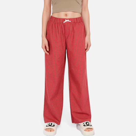 Red Checkered Lounge Pants with Elastic Waistband White Bow Tie Detail and Relaxed Full-Length Wide Leg Fit
