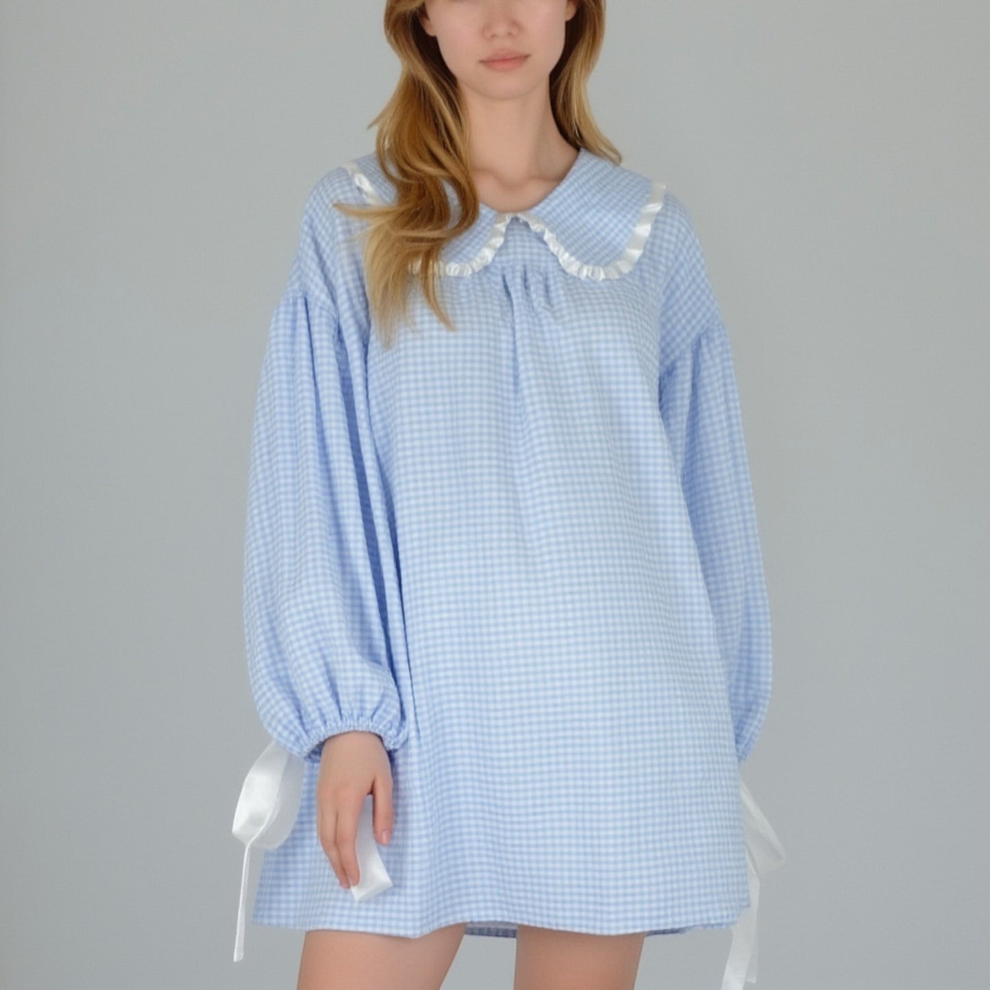 Lounge Women's Gingham Long Sleeve Nightgown with Peter Pan Collar and Ribbon Trim Detail