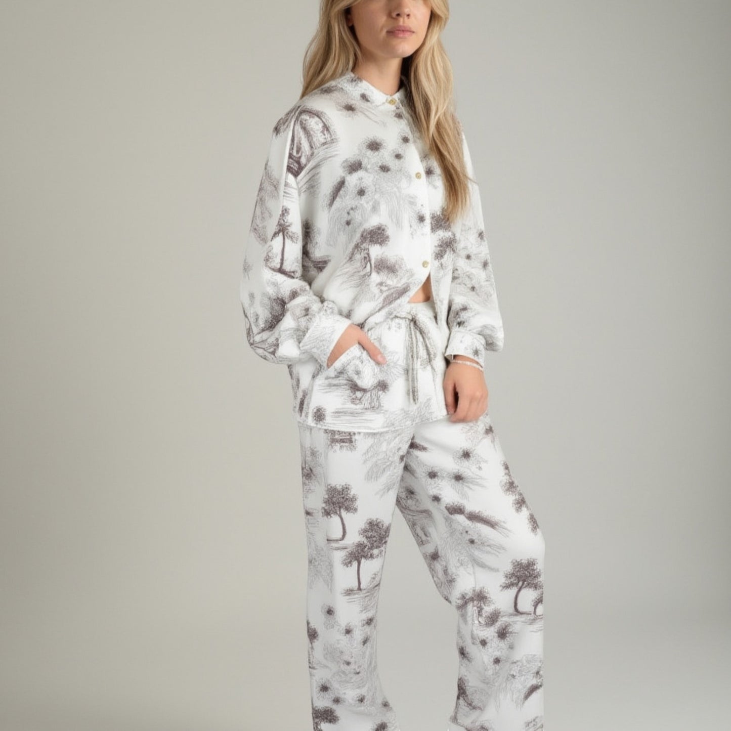 Lounge Women's Toile Print Button Up Pajama Set with Long Sleeve Top and Elastic Waist Drawstring Pants