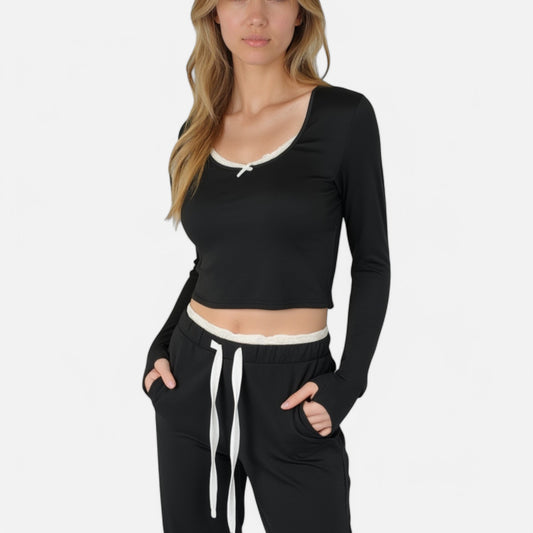 Lounge Women's Lace Trim Long Sleeve Lounge Top and Jogger Pants Pajama Set with Drawstring Waist