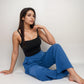 Vertical Red Stripe Wide Leg Pants with High Rise Waistband Relaxed Fit and Full-Length Flowing Silhouette