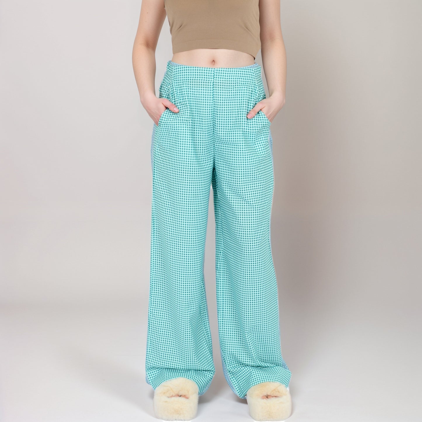 Vertical Red Stripe Wide Leg Pants with High Rise Waistband Relaxed Fit and Full-Length Flowing Silhouette