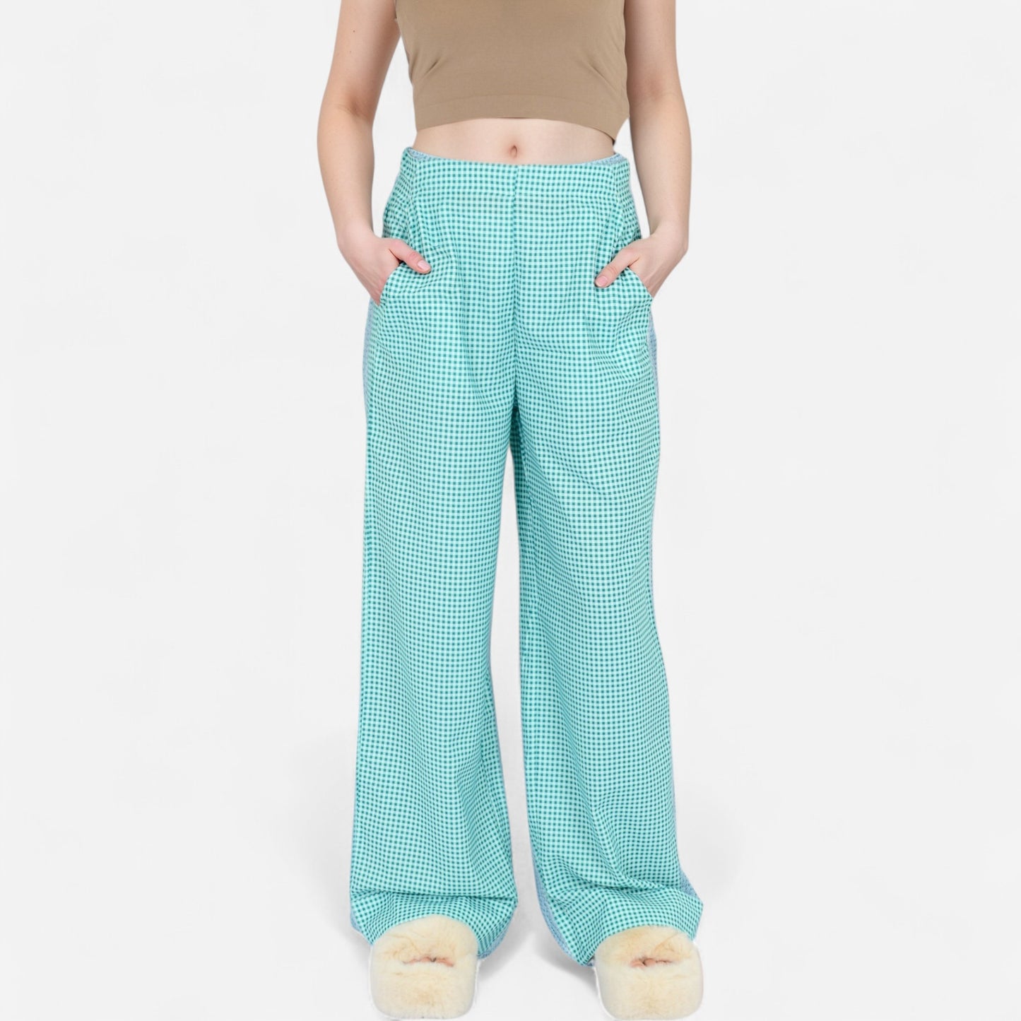 Vertical Red Stripe Wide Leg Pants with High Rise Waistband Relaxed Fit and Full-Length Flowing Silhouette