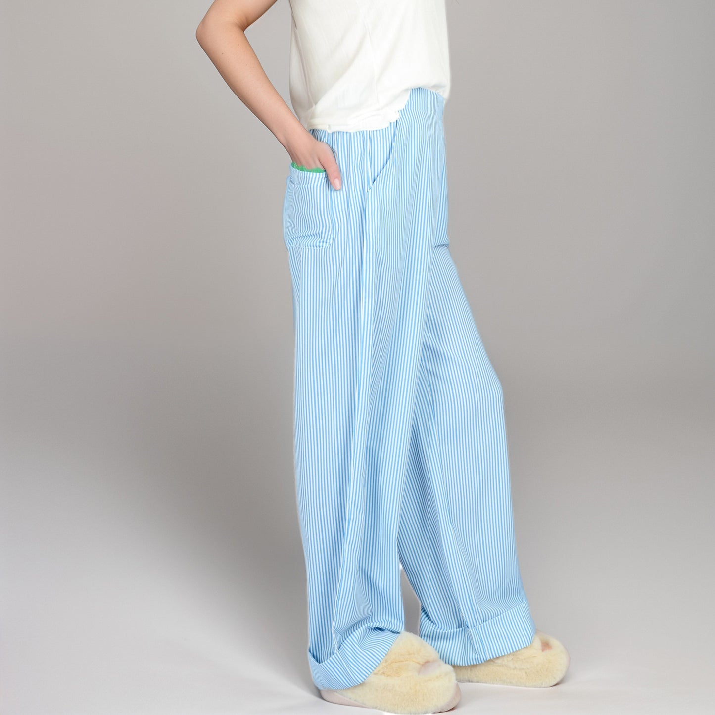 Vertical Red Stripe Wide Leg Pants with High Rise Waistband Relaxed Fit and Full-Length Flowing Silhouette