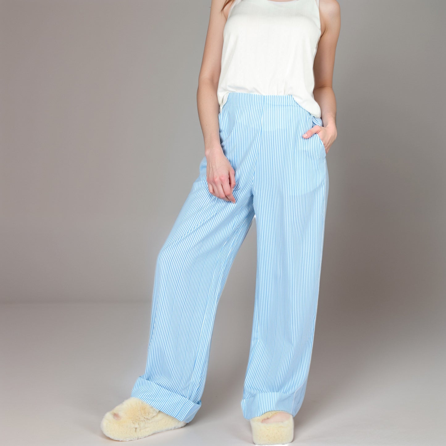Vertical Red Stripe Wide Leg Pants with High Rise Waistband Relaxed Fit and Full-Length Flowing Silhouette