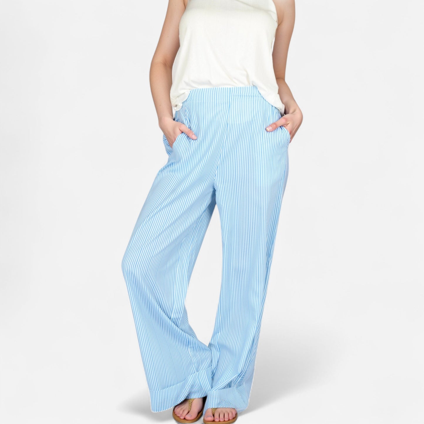 Vertical Red Stripe Wide Leg Pants with High Rise Waistband Relaxed Fit and Full-Length Flowing Silhouette