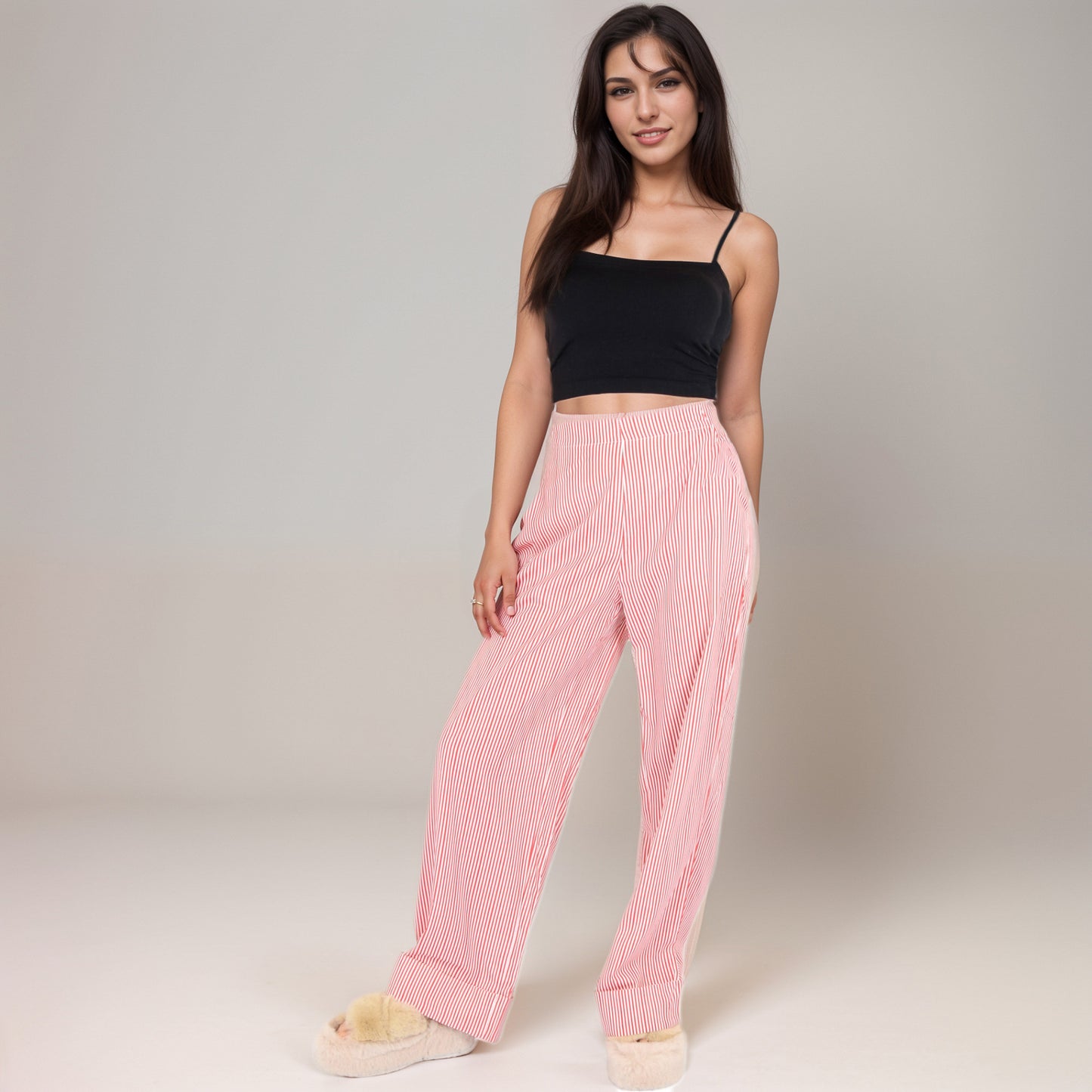Vertical Red Stripe Wide Leg Pants with High Rise Waistband Relaxed Fit and Full-Length Flowing Silhouette