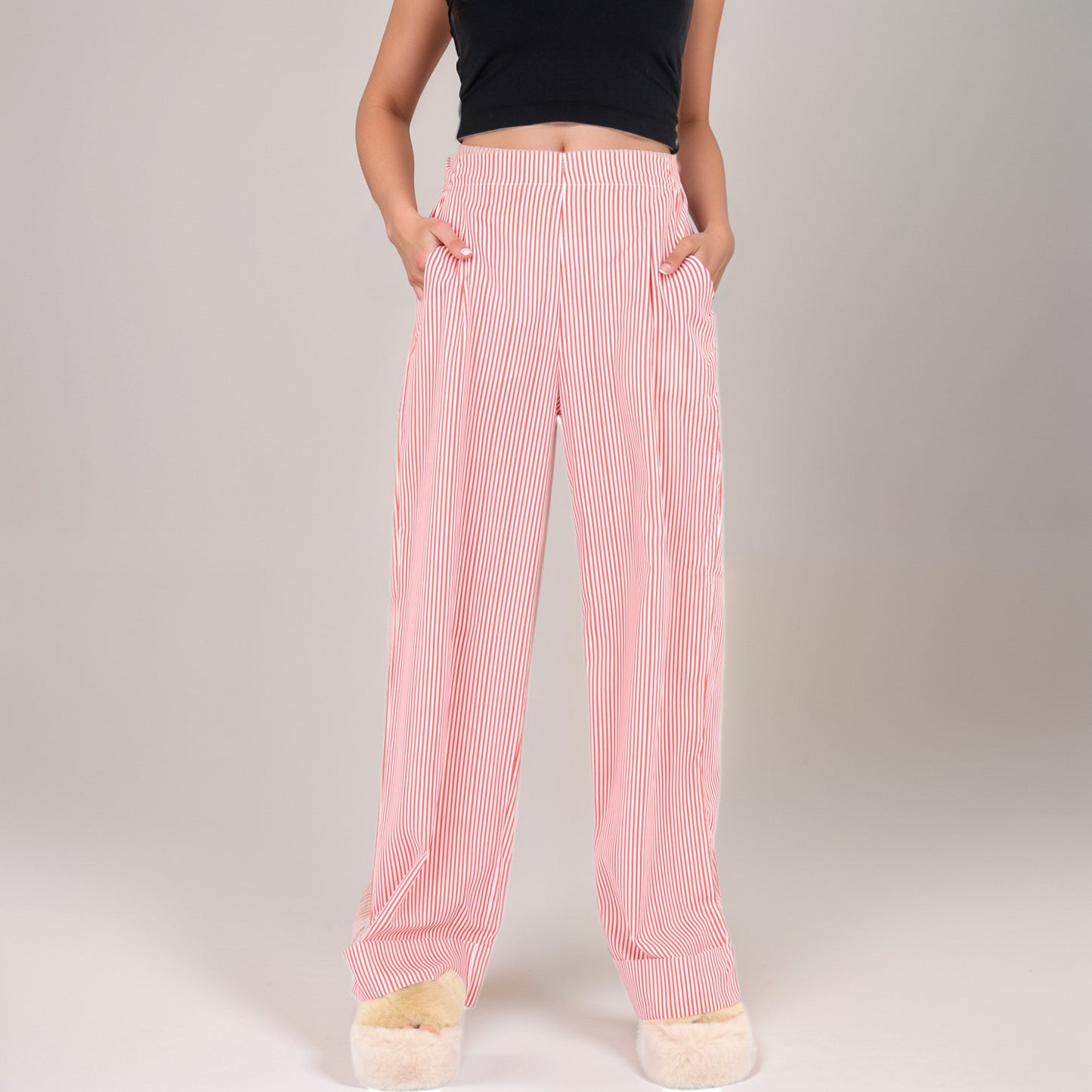 Vertical Red Stripe Wide Leg Pants with High Rise Waistband Relaxed Fit and Full-Length Flowing Silhouette