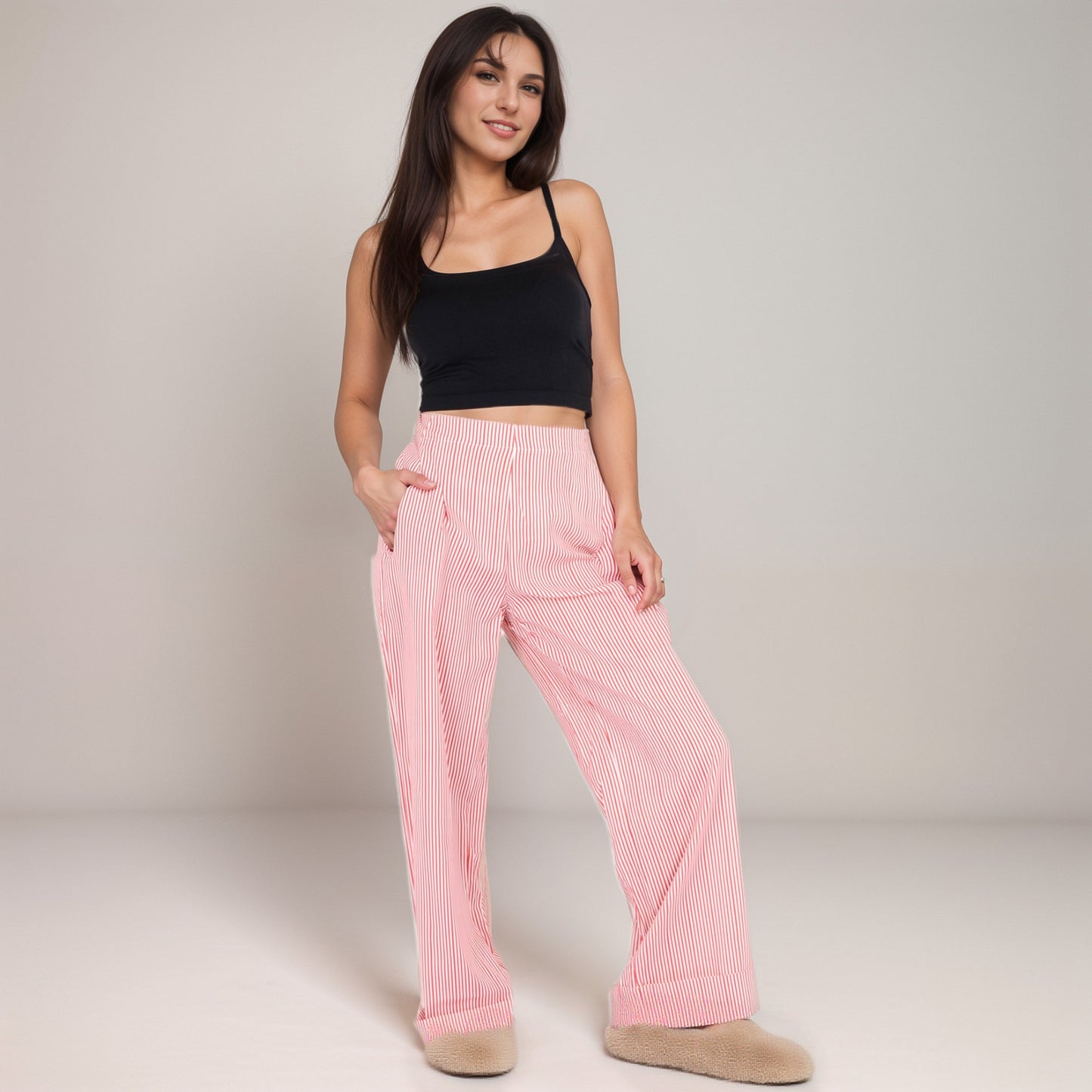 Vertical Red Stripe Wide Leg Pants with High Rise Waistband Relaxed Fit and Full-Length Flowing Silhouette