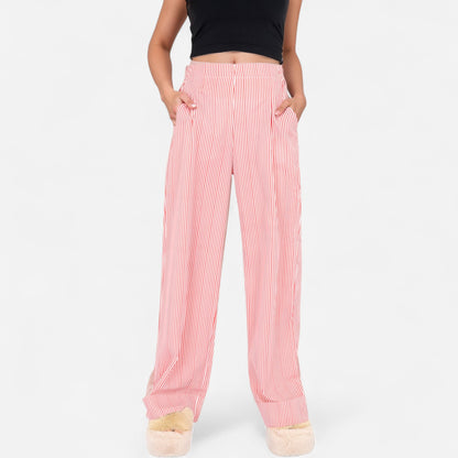 Vertical Red Stripe Wide Leg Pants with High Rise Waistband Relaxed Fit and Full-Length Flowing Silhouette