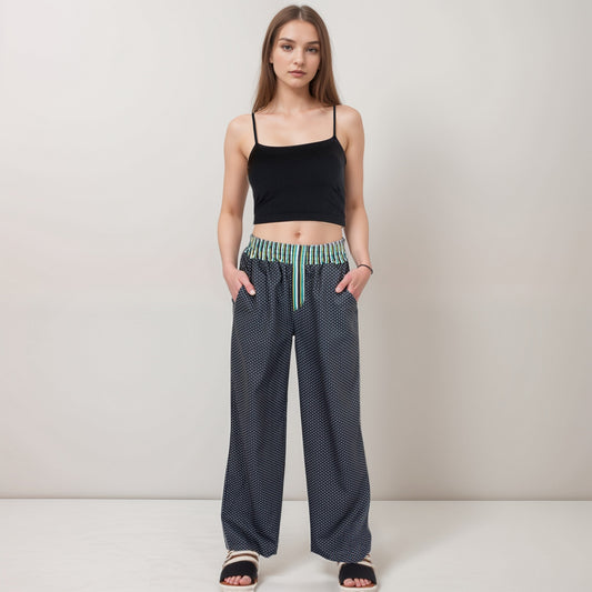 Red Vertical Stripe Wide Leg Pants with Smocked Waistband Contrast Plaid Detail and Relaxed Full-Length Fit