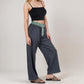 Red Vertical Stripe Wide Leg Pants with Smocked Waistband Contrast Plaid Detail and Relaxed Full-Length Fit
