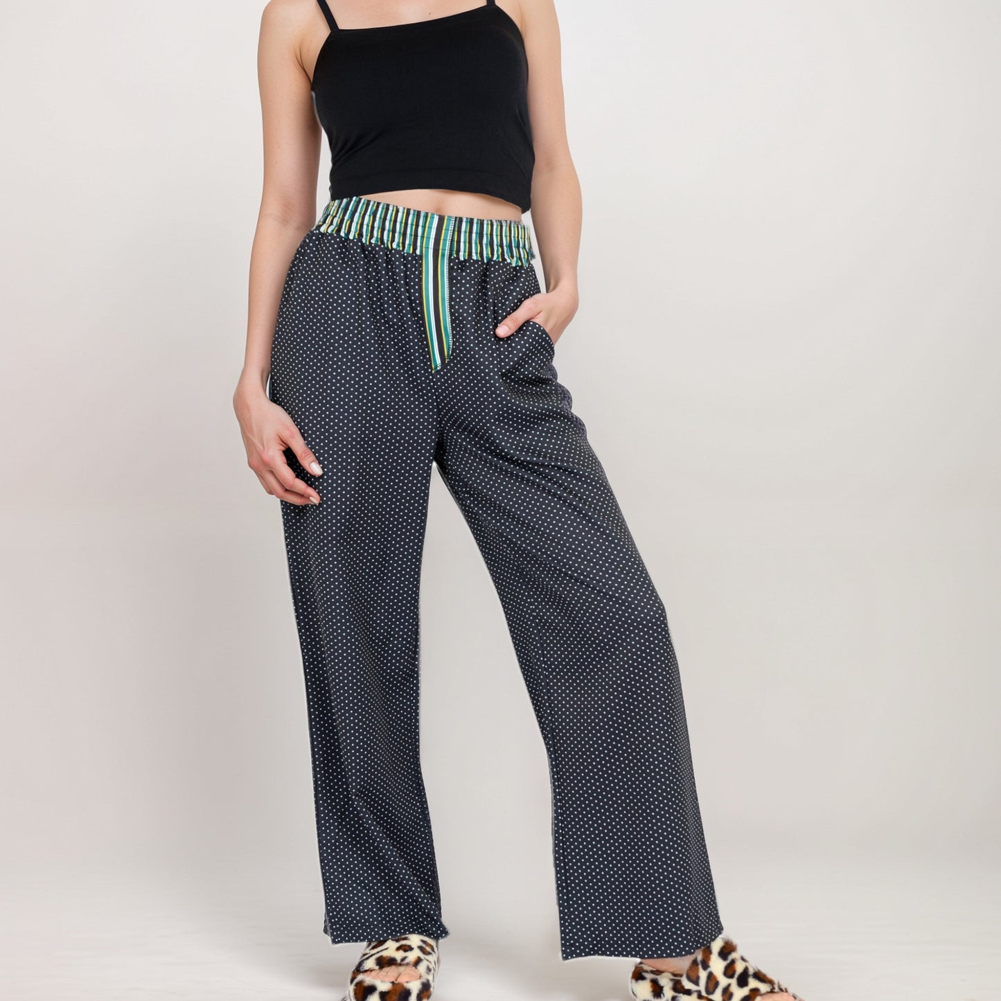 Red Vertical Stripe Wide Leg Pants with Smocked Waistband Contrast Plaid Detail and Relaxed Full-Length Fit
