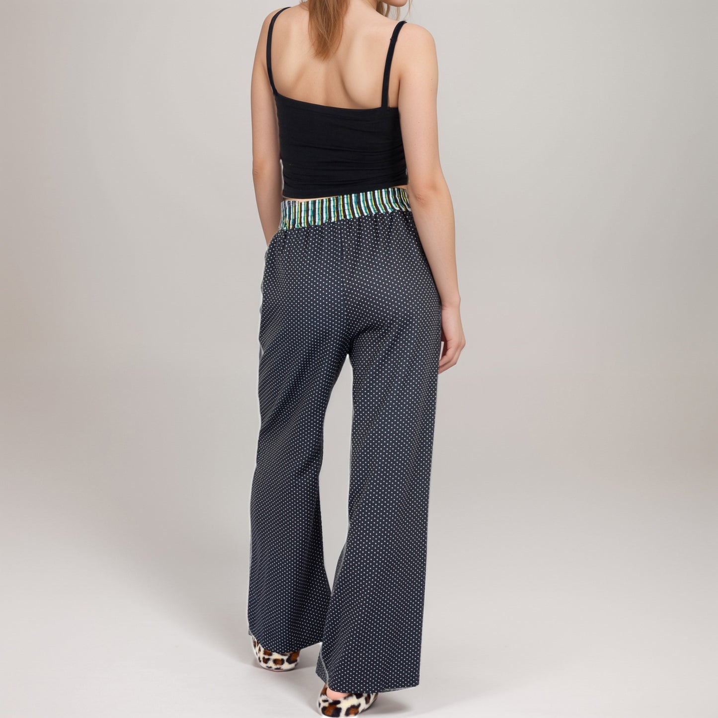 Red Vertical Stripe Wide Leg Pants with Smocked Waistband Contrast Plaid Detail and Relaxed Full-Length Fit