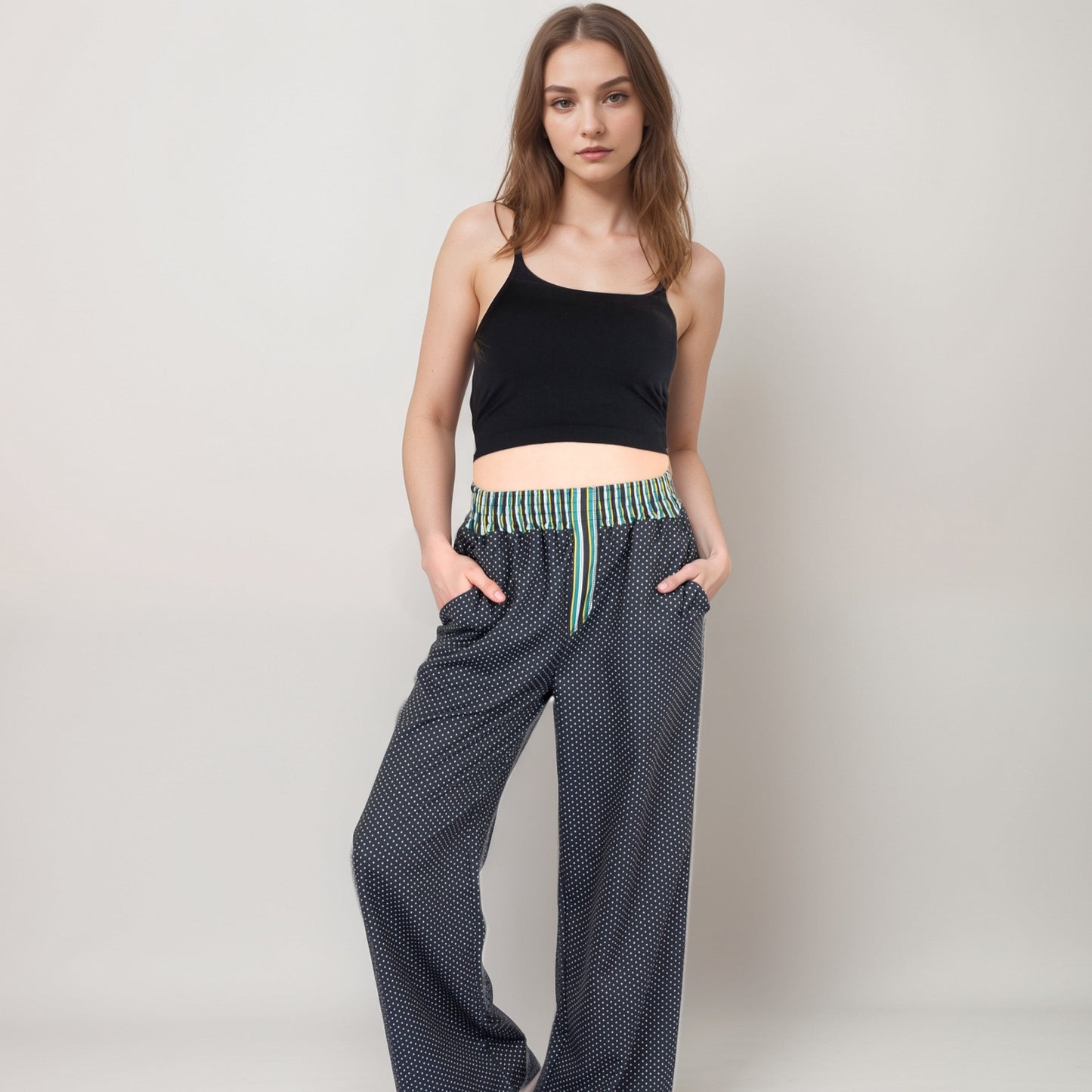 Red Vertical Stripe Wide Leg Pants with Smocked Waistband Contrast Plaid Detail and Relaxed Full-Length Fit