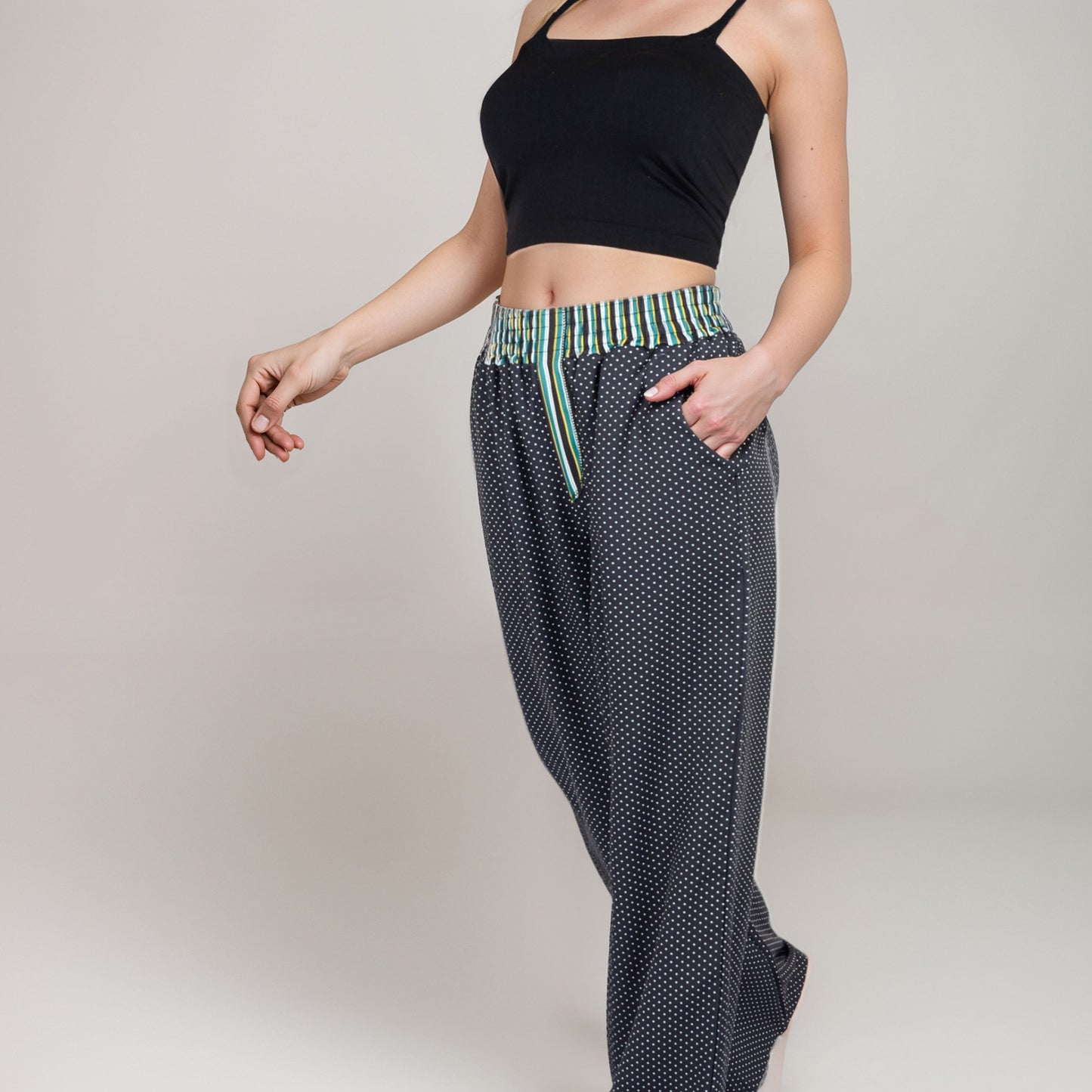 Red Vertical Stripe Wide Leg Pants with Smocked Waistband Contrast Plaid Detail and Relaxed Full-Length Fit