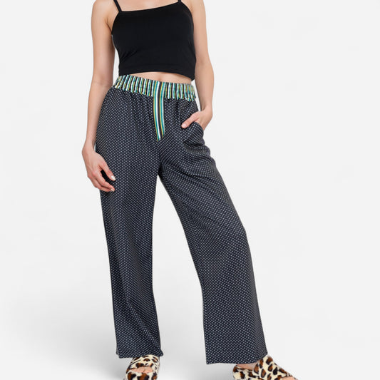 Red Vertical Stripe Wide Leg Pants with Smocked Waistband Contrast Plaid Detail and Relaxed Full-Length Fit