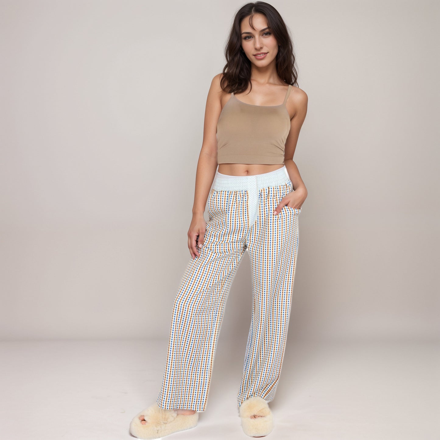 Red Vertical Stripe Wide Leg Pants with Smocked Waistband Contrast Plaid Detail and Relaxed Full-Length Fit