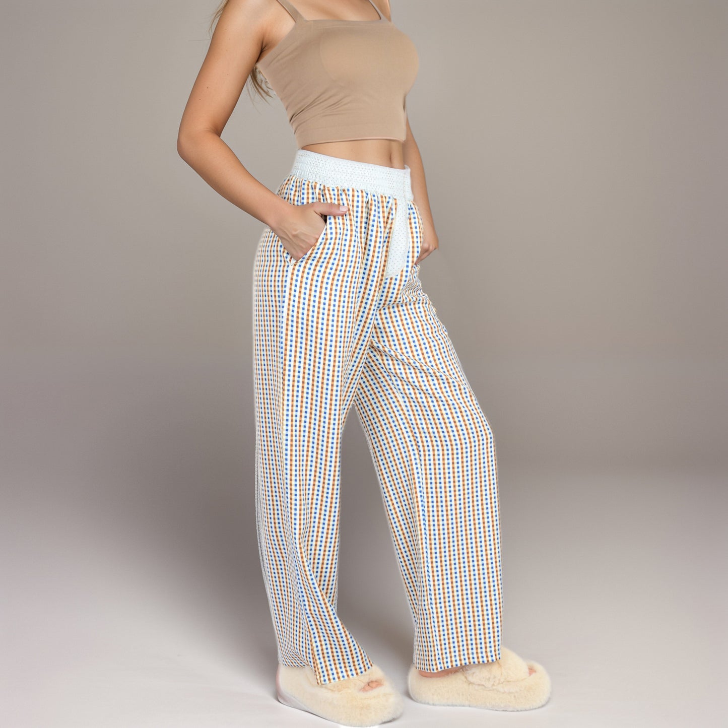 Red Vertical Stripe Wide Leg Pants with Smocked Waistband Contrast Plaid Detail and Relaxed Full-Length Fit