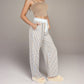 Red Vertical Stripe Wide Leg Pants with Smocked Waistband Contrast Plaid Detail and Relaxed Full-Length Fit