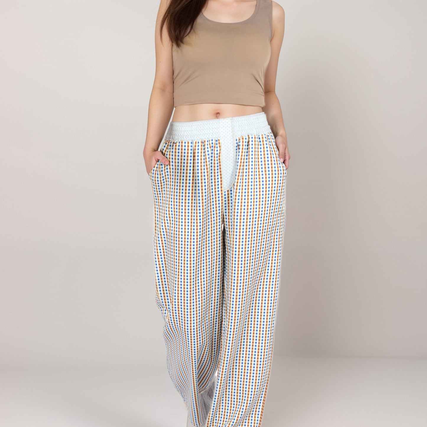 Red Vertical Stripe Wide Leg Pants with Smocked Waistband Contrast Plaid Detail and Relaxed Full-Length Fit