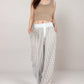 Red Vertical Stripe Wide Leg Pants with Smocked Waistband Contrast Plaid Detail and Relaxed Full-Length Fit