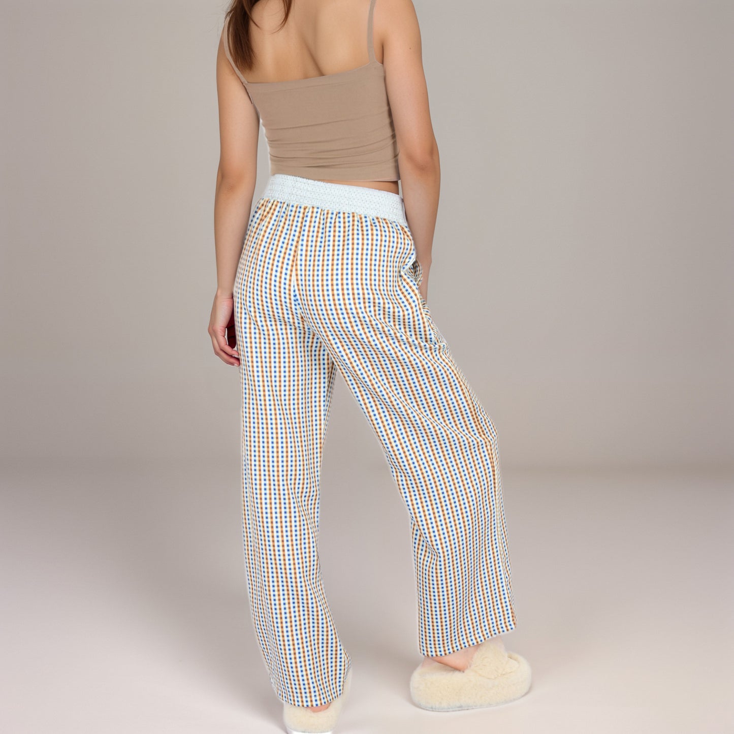 Red Vertical Stripe Wide Leg Pants with Smocked Waistband Contrast Plaid Detail and Relaxed Full-Length Fit