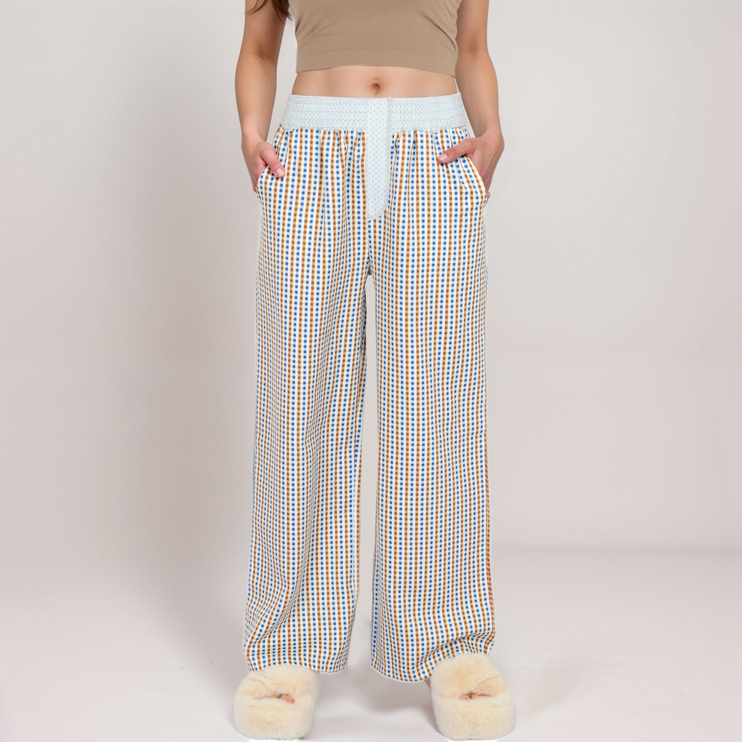 Red Vertical Stripe Wide Leg Pants with Smocked Waistband Contrast Plaid Detail and Relaxed Full-Length Fit