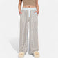 Red Vertical Stripe Wide Leg Pants with Smocked Waistband Contrast Plaid Detail and Relaxed Full-Length Fit