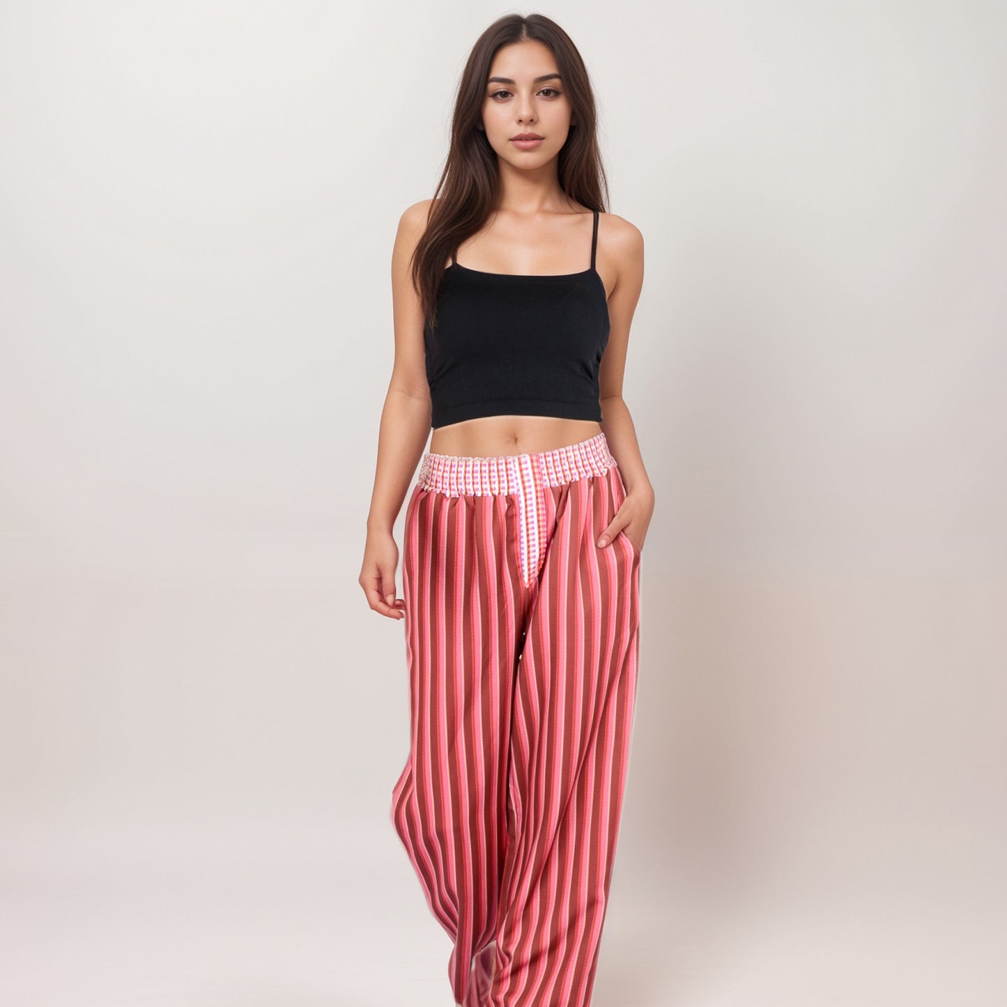 Red Vertical Stripe Wide Leg Pants with Smocked Waistband Contrast Plaid Detail and Relaxed Full-Length Fit
